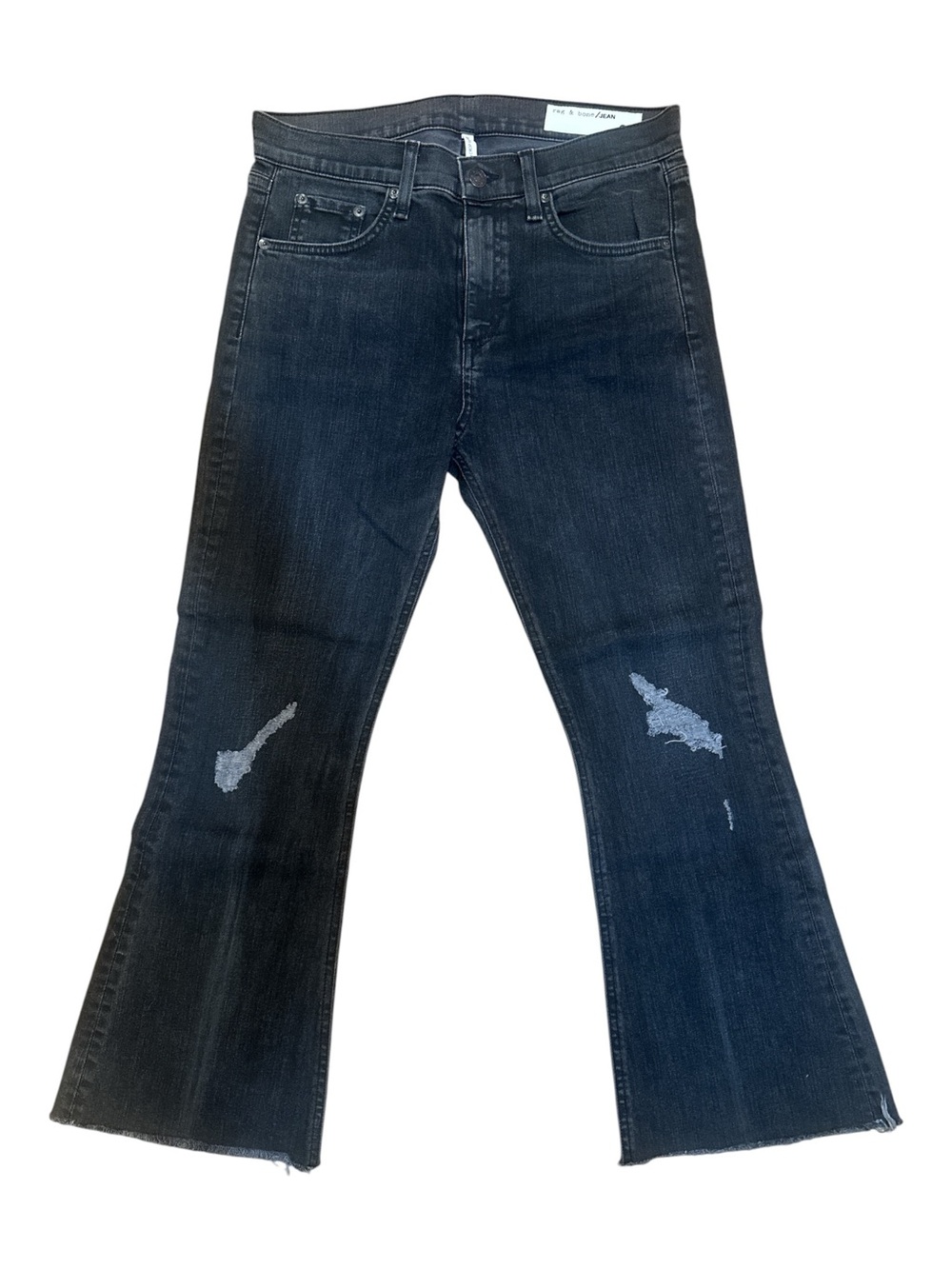 rag & bone Women’s Charcoal Cropped Flared Jeans with Knee Distressing Raw Hem